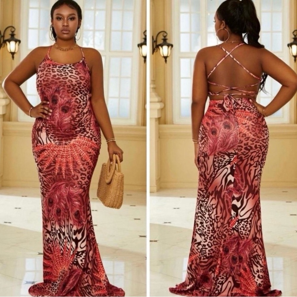 Elegant Red Leopard Print Maxi Dress . NWOT